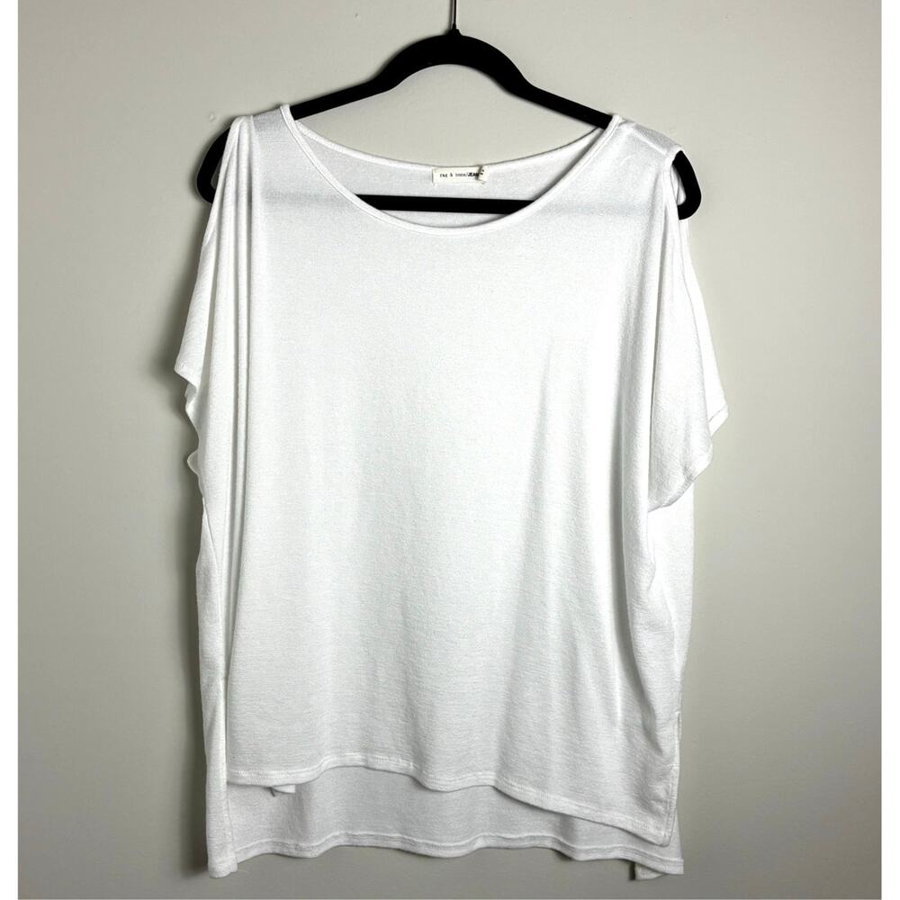 Rag & Bone JEAN Cold Shoulder Top L White Draped High Low Relaxed Tee